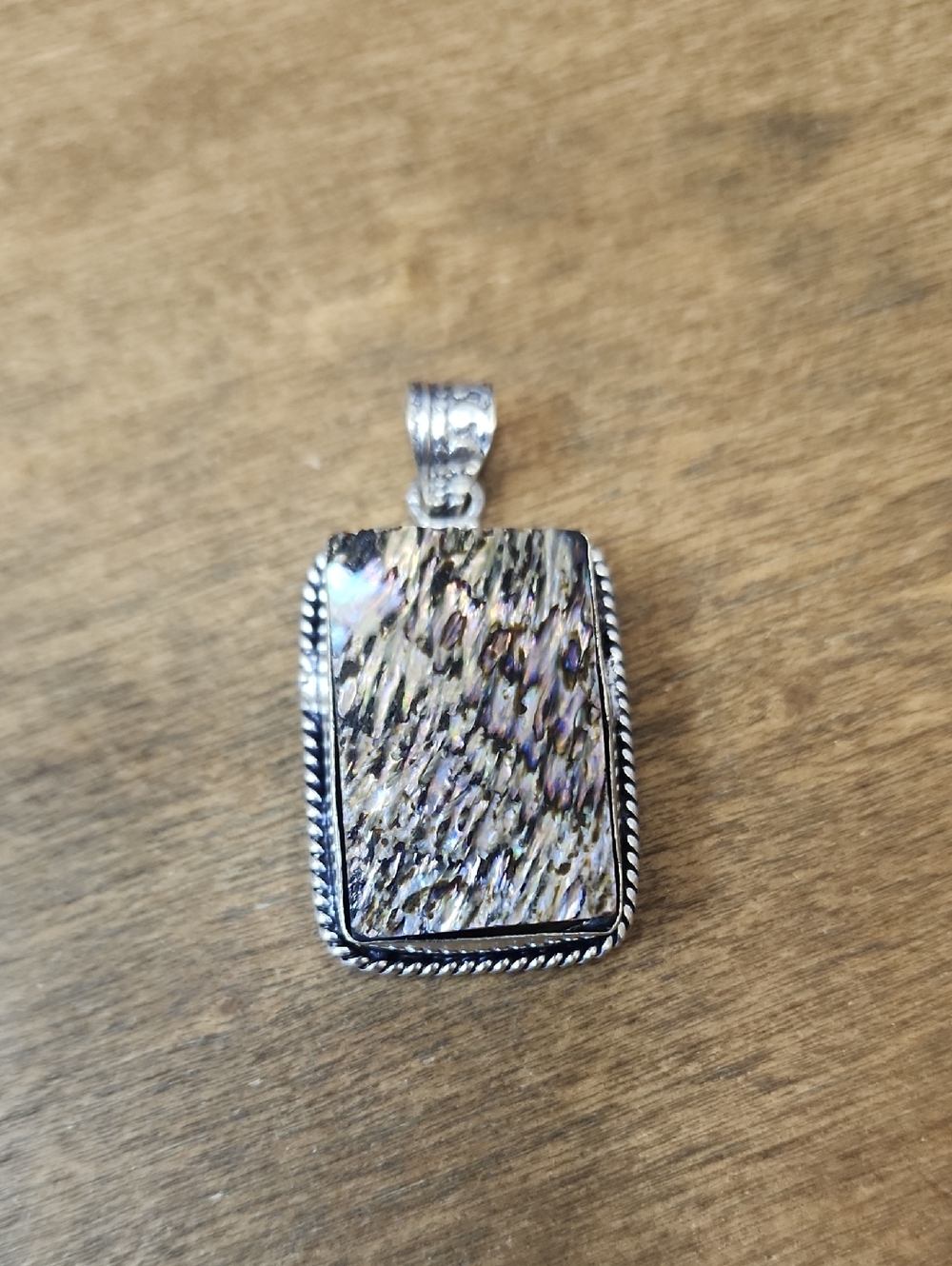 Silver Abalone Shell Rectangular Pendant - Iridescent Brown